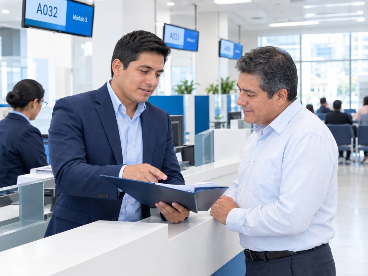 Contador acompañando a su cliente en una oficina de atención tributaria