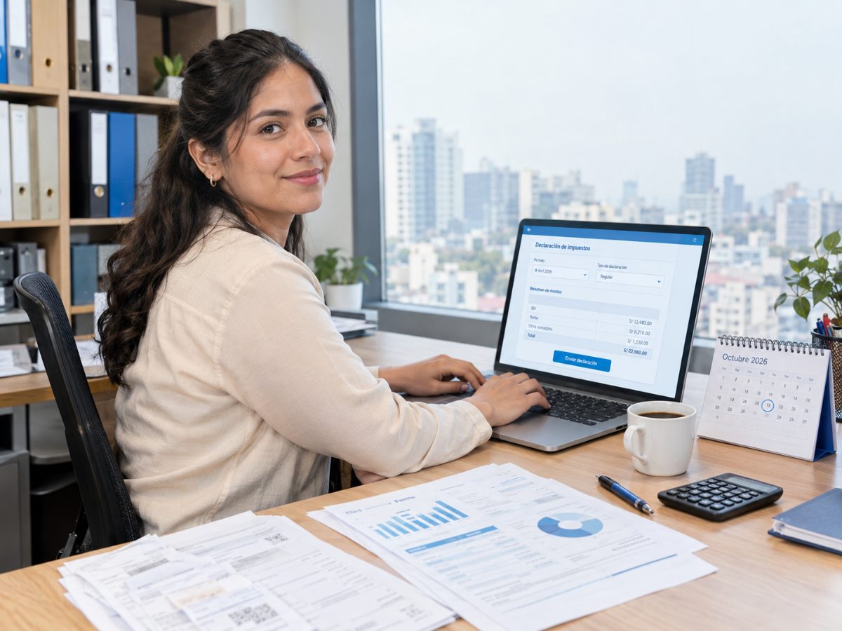 Contadora peruana preparando la declaración de impuestos
